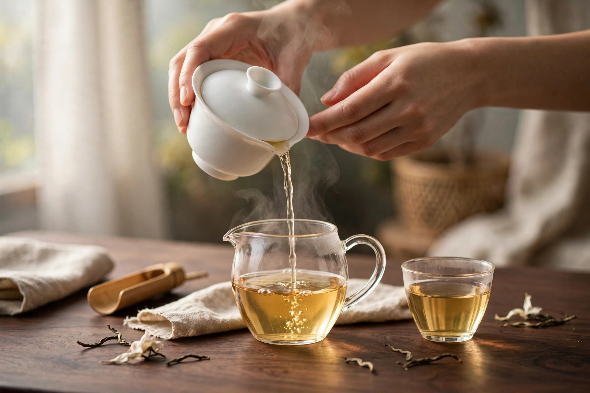 Hands pouring pale golden white tea from a white gaiwan into a glass pitcher